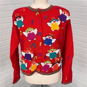 Christina Rotelli Cardigan Women Medium Red Multi Angels Music Christmas Sweater